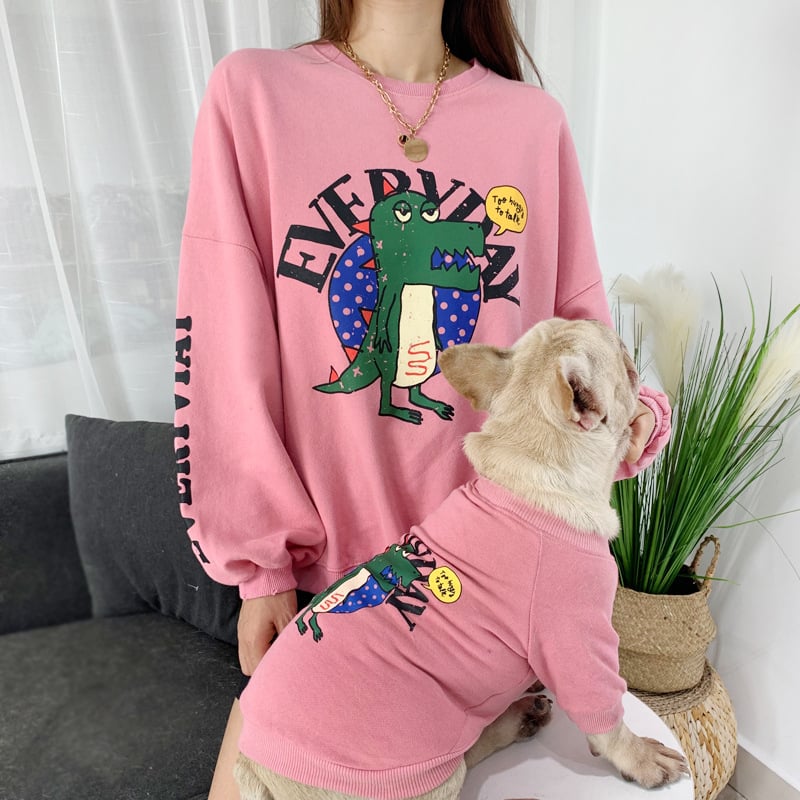 Matching dinosaur sweaters for dog and owner, pink