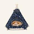 Navy blue dog teepee tent with white stars and a sleeping puppy inside on a cream cushion