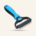 A double-sided dematting and deshedding brush for pets, featuring a black and blue handle.