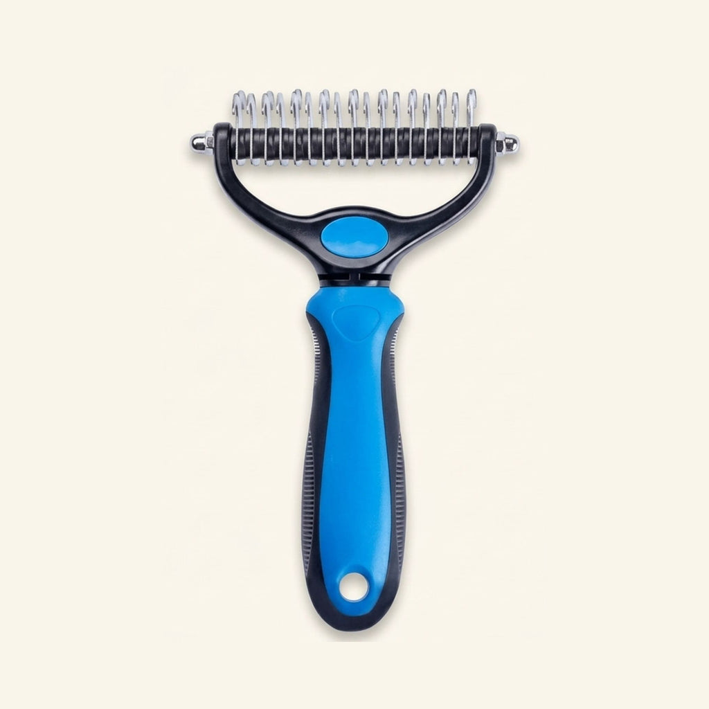 A double-sided dematting and deshedding brush for pets with a blue and black handle.