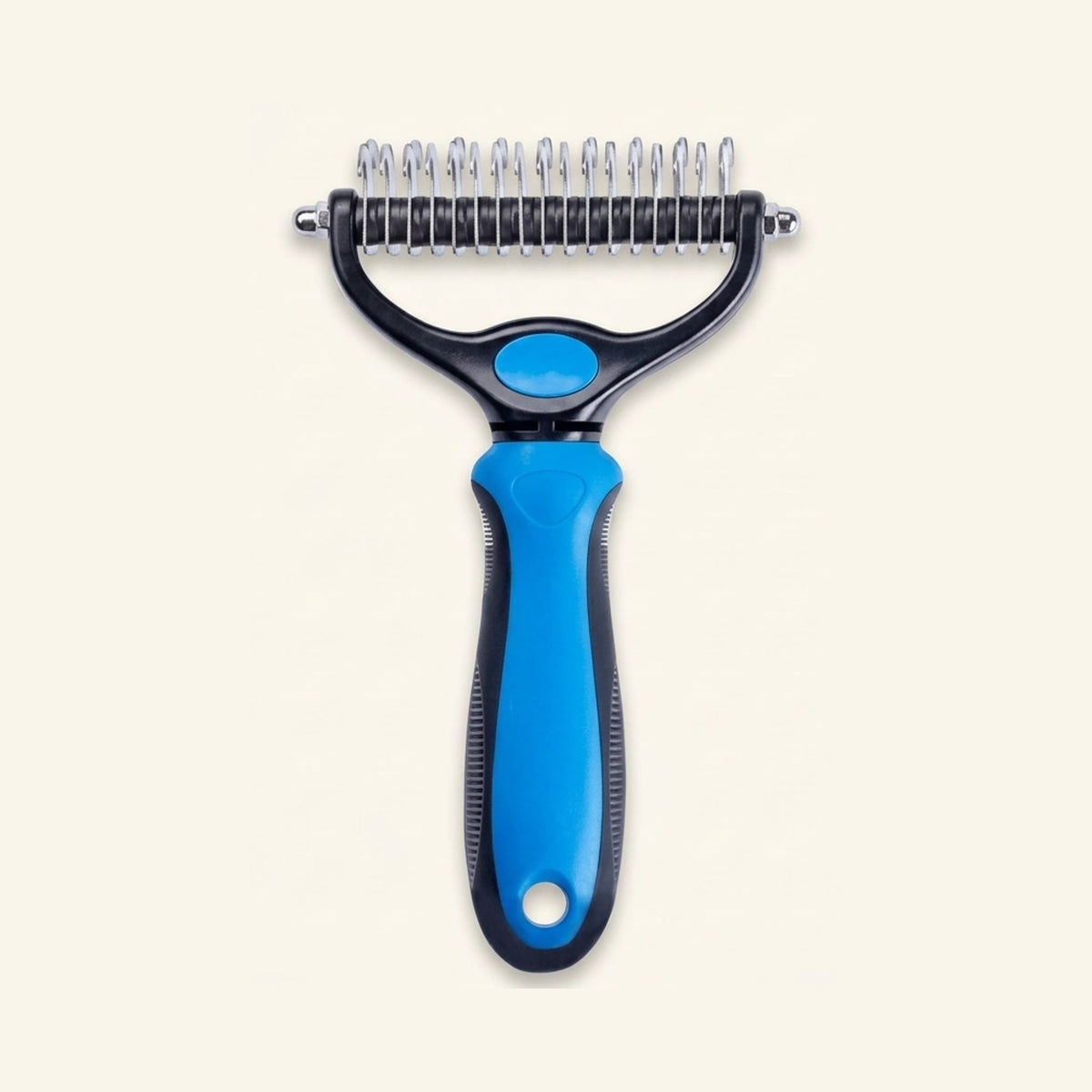 A double-sided dematting and deshedding brush for pets with a blue and black handle.