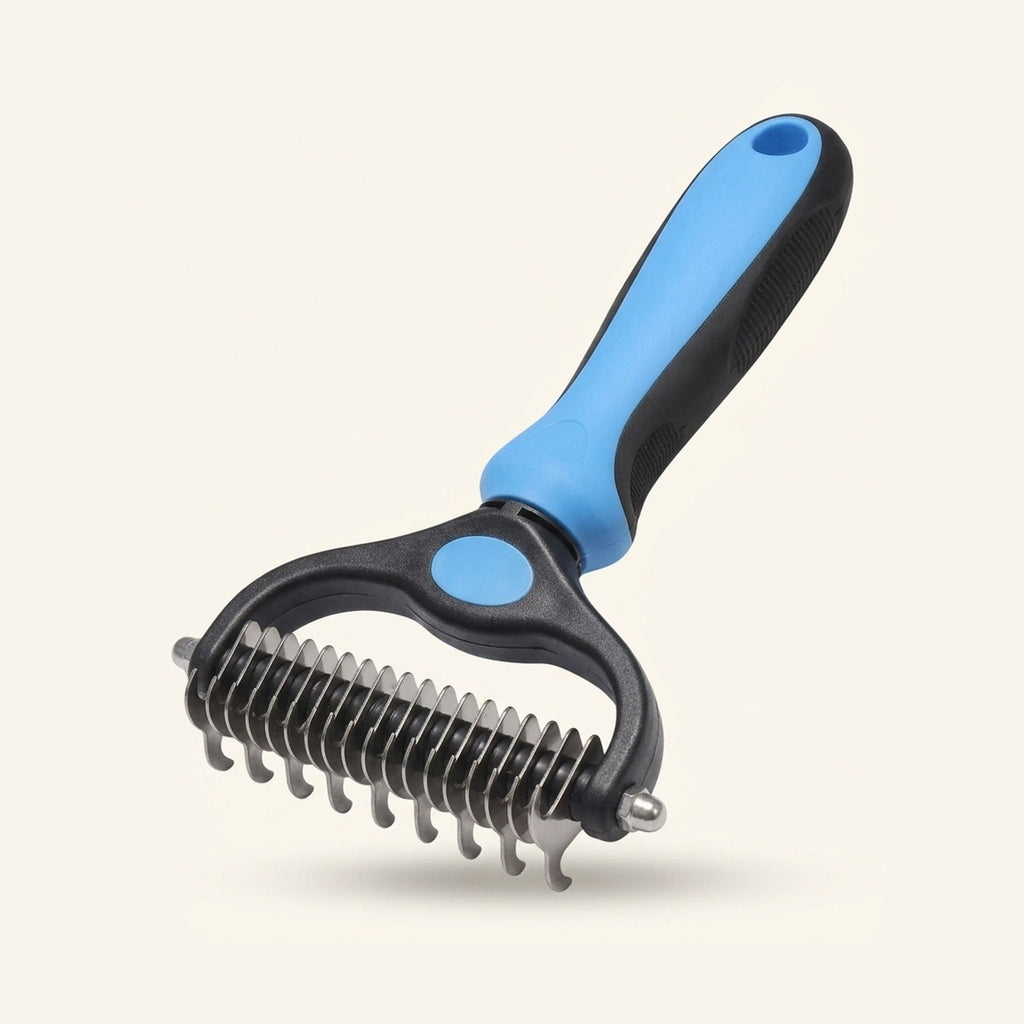 A blue and black double-sided dematting and deshedding brush for pets with curved metal teeth.