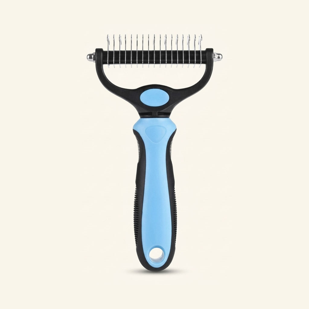A blue and black double-sided dematting and deshedding pet brush with metal teeth.