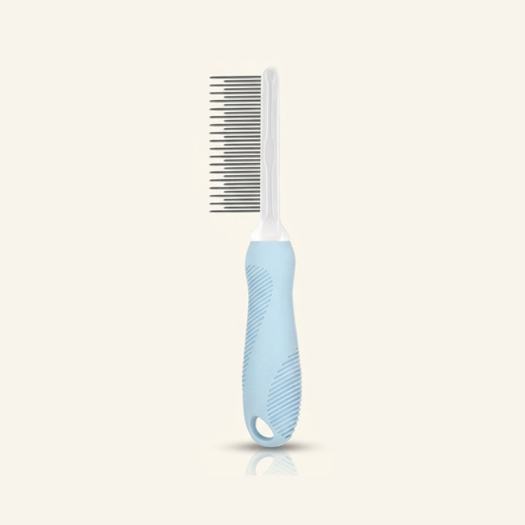 Light blue pet grooming comb with stainless steel teeth and a textured handle.