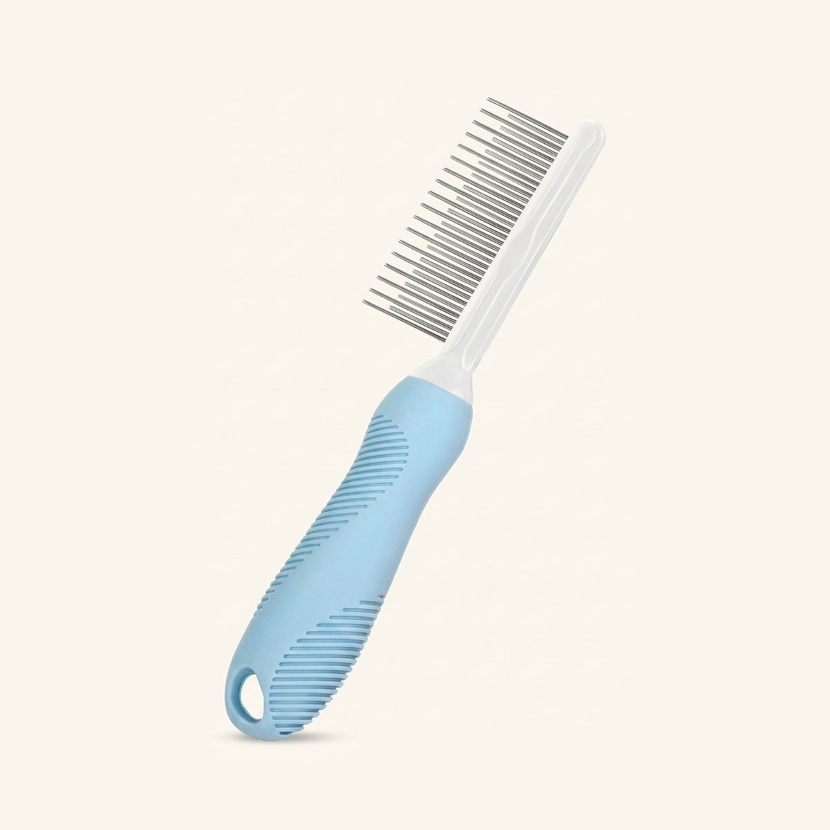 Light blue and white grooming comb with metal teeth and a ribbed handle